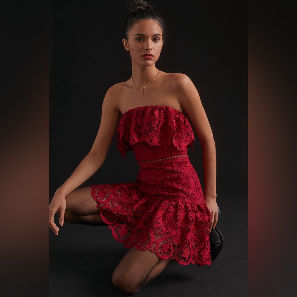 ML Monique Lhuillier Strapless Lace Mini Dress Ruffle Dark Red Size 6 Petite New